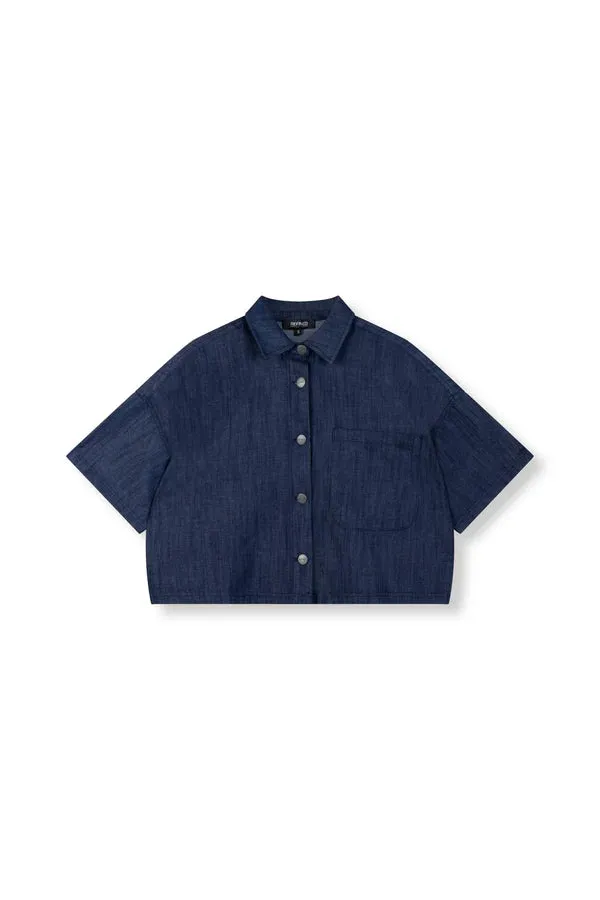 Amiek Adeline navy blouse korte mouw denim-look maat S