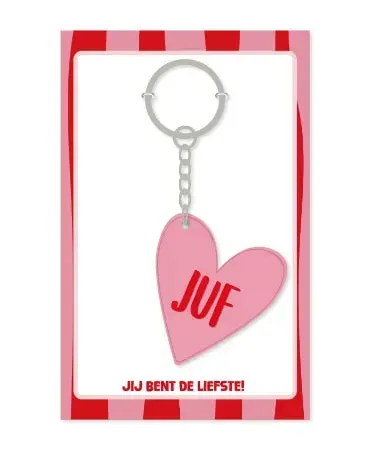 Amiek Juf Hartje sleutelhanger roze PVC met kaartje