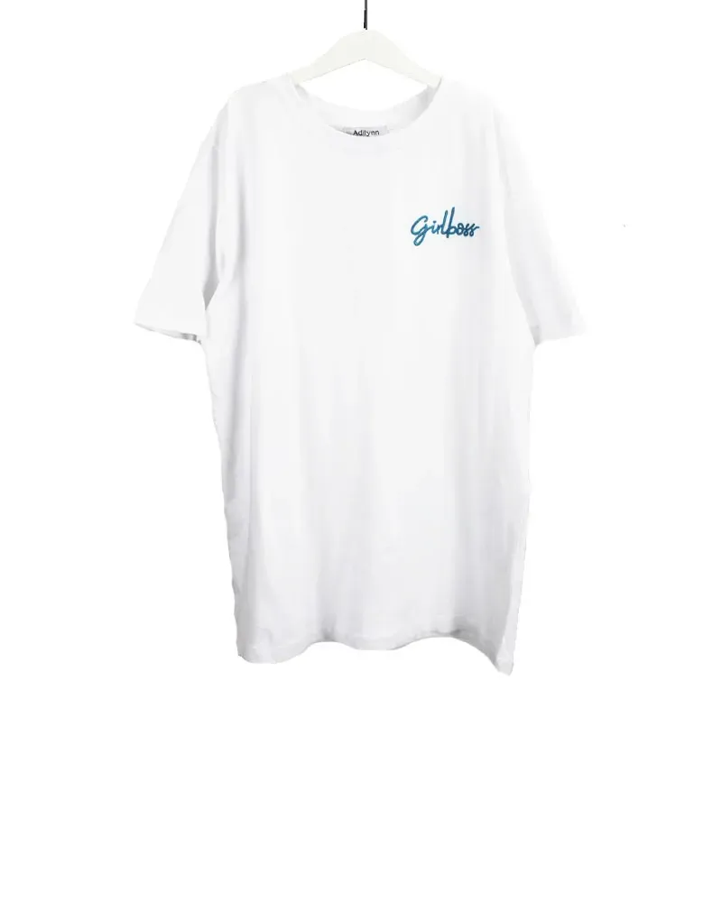 LOVEDRUNKY Girlboss t-shirt blauw baggy borduursel